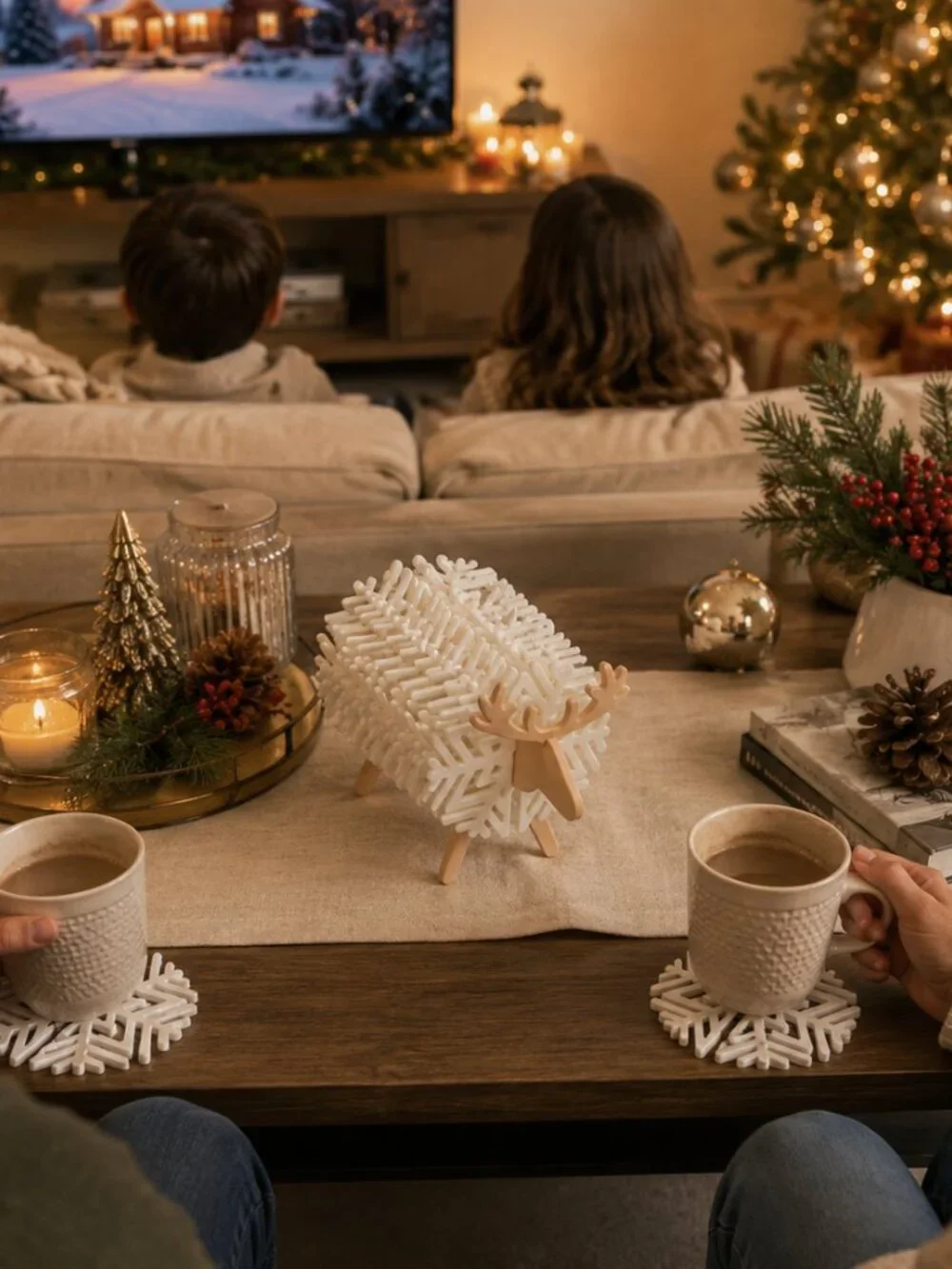 3D Printed Snowflake Reindeer Coaster Set: Holiday Winter Decor, Customizable Ho